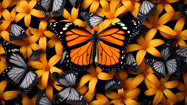 Monarch butterfly, flying in different directions. Butterflies side and top view.