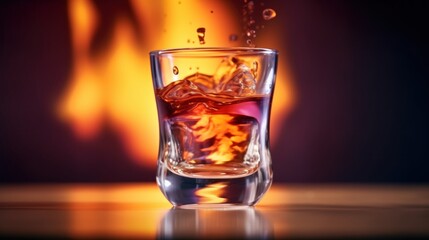 Glass of whiskey with ice cubes on the background of a fire.