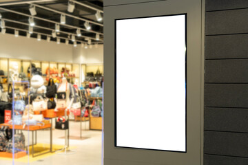 Vertical LED TV Screen at Front of fashion bag store in Shopping Mall. - obrazy, fototapety, plakaty