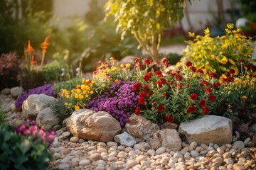 Fototapeta premium Flower garden stones design path. Outdoor stone nature leaf plant. Generate Ai