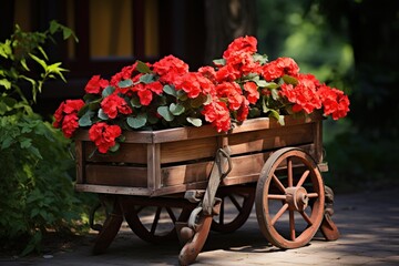 red wagon with flowers - obrazy, fototapety, plakaty
