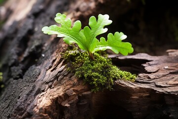 Small young oak tree growing in the forest close up