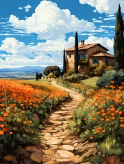 Fotobehang A Stone Path Leading To A House - Typical tuscan Farmhouse © netsign
