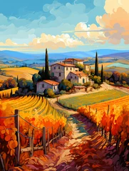 Fotobehang A Painting Of A House In A Vineyard - Typical tuscan Farmhouse © netsign