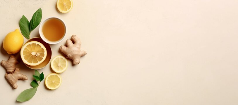 Ginger tea top view banner. Fresh healthy organic ginger root beverage. Generate ai