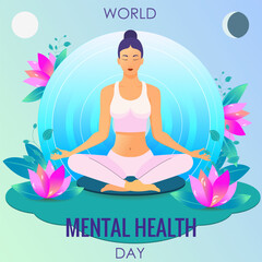 World mental health day illustration. Woman meditating with eyes closed. Against the background of lotuses and a light aura. Vector illustration .