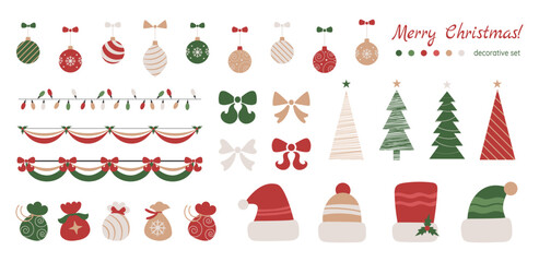 Christmas design element set, sticker pack with holiday symbols, fir trees, balls, gift pouch, hats and garlands. Vector illustration.