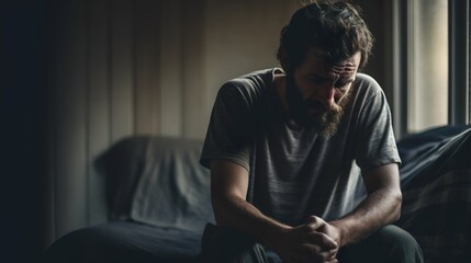 Headache. Fatigue or migraine. Upset man put his hand to his head. Problems at work