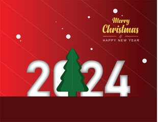 Merry Christmas greetings vector design with Christmas tree and Happy New Year 2024, Xmas, Christmas tree vector.