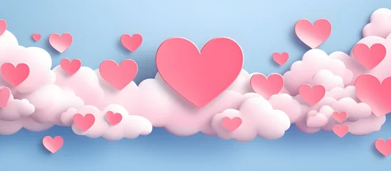 Poster Happy st. Valentines day banner with red abstract illustrated hearts, pink paper hearts flying shining against dark red background with empty space for text, clouds, dreamy, couple love concept © Vladislava