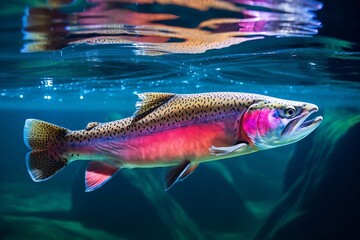 Colorful rainbow trout swimming in the aquarium. Aquarium fish