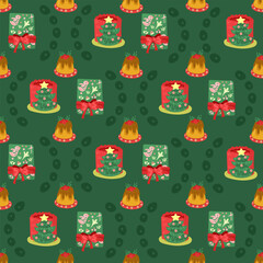 Christmas and Happy New Year seamless pattern with Christmas toys, gifts and sweets. Trendy retro style. 