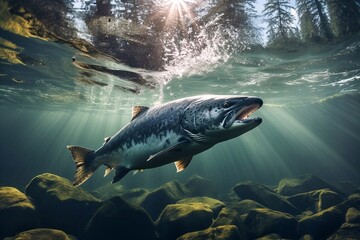 Obraz premium Big salmon swimming in the river with sunlight shining through the water.