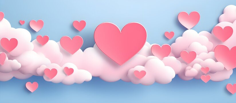 Fototapeta Happy st. Valentines day banner with red abstract illustrated hearts, pink paper hearts flying shining against dark red background with empty space for text, clouds, dreamy, couple love concept