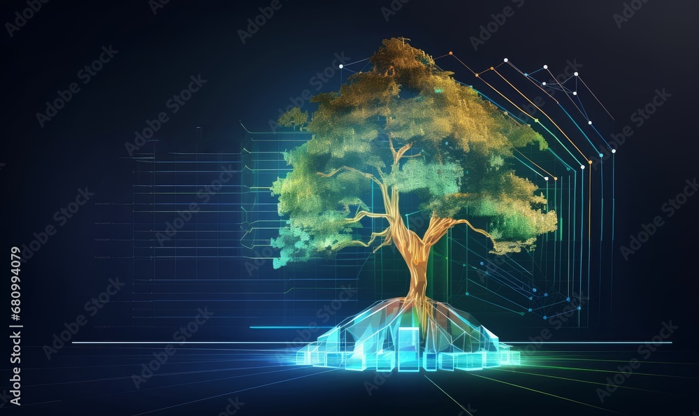 Wall mural Digital tree on the background of a graph with numbers in a futuristic polygonal style. Concept of creating capital or investing or stock market.  illustration with light, Generative AI