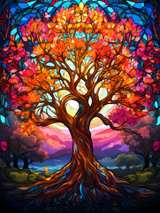 Obraz na płótnie Canvas A Colorful Tree With Many Leaves - Vibrant Stained Glass Tree