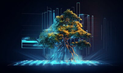 Digital tree on the background of a graph with numbers in a futuristic polygonal style. Concept of creating capital or investing or stock market.  illustration with light, Generative AI - obrazy, fototapety, plakaty