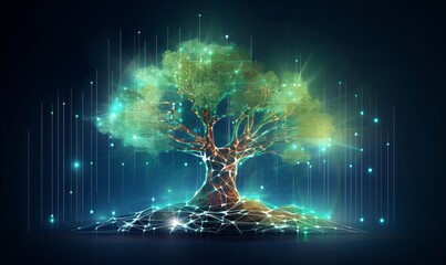 Digital tree on the background of a graph with numbers in a futuristic polygonal style. Concept of creating capital or investing or stock market.  illustration with light, Generative AI