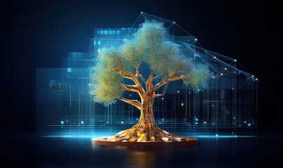Digital tree on the background of a graph with numbers in a futuristic polygonal style. Concept of creating capital or investing or stock market.  illustration with light, Generative AI - obrazy, fototapety, plakaty