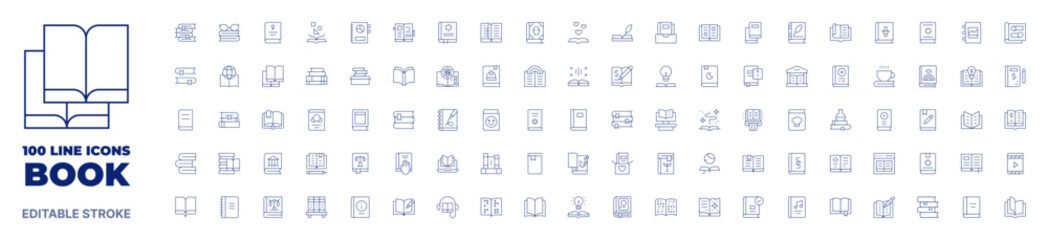 100 icons Book collection. Thin line icon. Editable stroke. Book icons for web and mobile app.