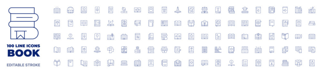 100 icons Book collection. Thin line icon. Editable stroke. Book icons for web and mobile app. - obrazy, fototapety, plakaty