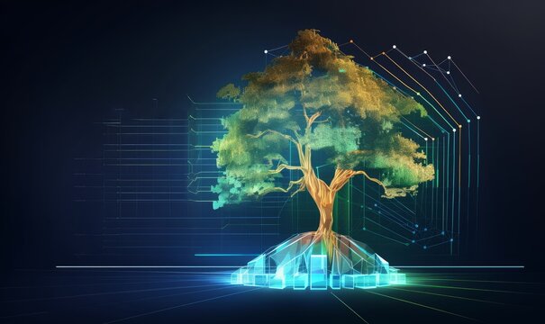 Digital tree on the background of a graph with numbers in a futuristic polygonal style. Concept of creating capital or investing or stock market.  illustration with light, Generative AI