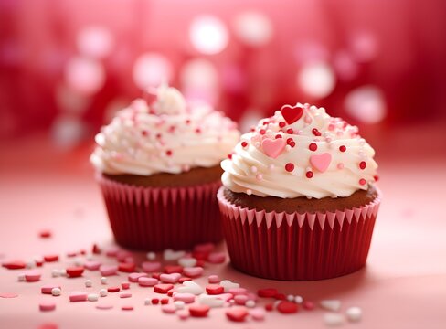 Festive cupcakes with a heart sugar figures inside for Valentine's Day decorated with sprinkles with hearts on colorful modern color background. Love sweet concept, bokeh pink color photo, copy space