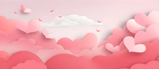 Fotobehang Happy st. Valentines day banner with red abstract illustrated hearts, pink paper hearts flying shining against dark red background with empty space for text, clouds, dreamy, couple love concept © Vladislava