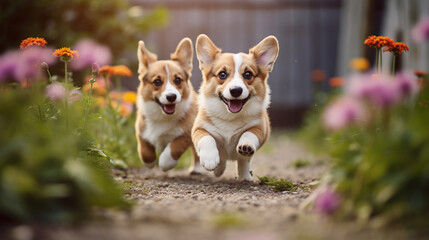A pair of playful Corgi puppies captured in a dynamic play session
