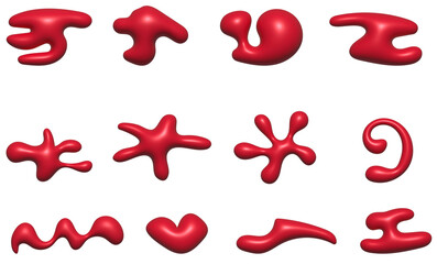  Various red inflated blots and figures, 3D illustration isolated on white background