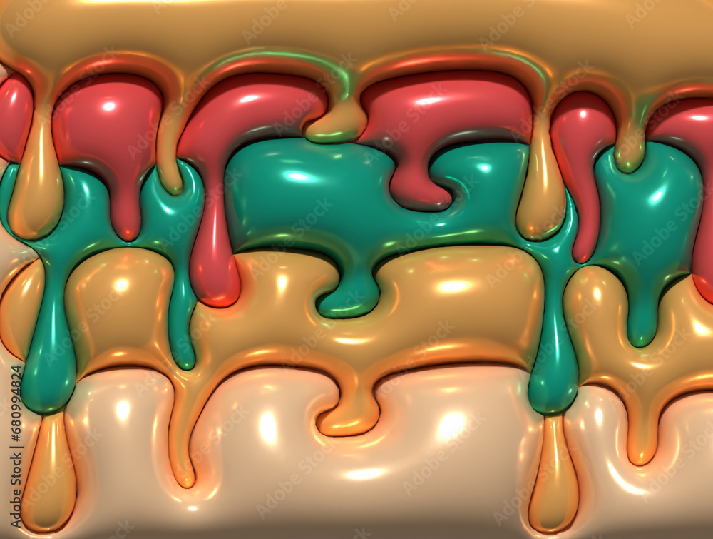 Aufkleber flowing multi-colored layers with smudges and drops, 3d rendering illustration
