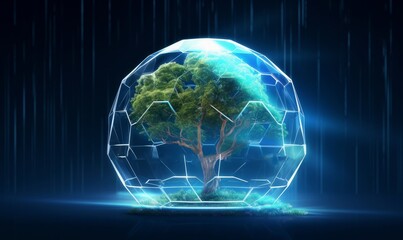 Obraz premium Glass dome as tree protection in digital futuristic polygonal style. Glowing growth shielded from the environment by a force field concept of investment in the agricultural, Generative AI