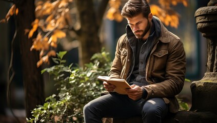 Handsome young man reading a book in the autumn park.