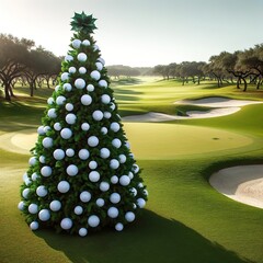 Golf ball Christmas tree on a serene golf course with a clear blue sky. Festive holiday decorations on the fairway with a creative golf ball Christmas tree.
