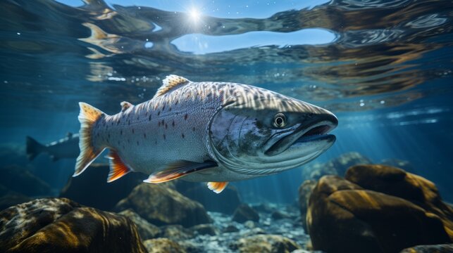 Salmon fish swim in the white-water rivers of northern territory, or Alaska. Brown trout, underwater photo, preparing for spawning in its natural river habitat, shallow depth of field