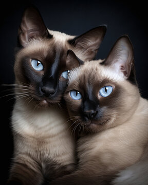 A pair of affectionate Siamese cats captured in a candid moment