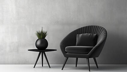 Minimalist Modern Living Room with Black Armchair and Plant