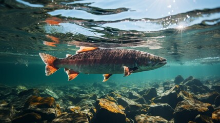 Salmon fish swim in the white-water rivers of northern territory, or Alaska. Brown trout,...
