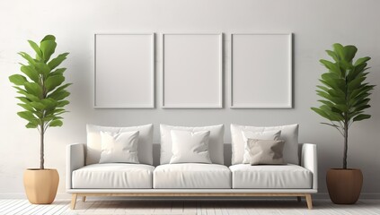 Modern living room interior with white sofa and mock up poster frame