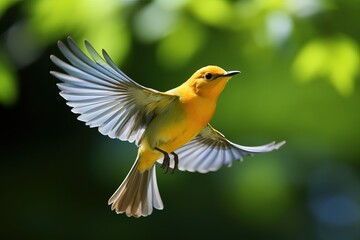 Prothonotary Warbler in Flight Amidst Green Foliage