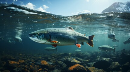 Salmon fish swim in the white-water rivers of northern territory, or Alaska. Brown trout, underwater photo, preparing for spawning in its natural river habitat, shallow depth of field - obrazy, fototapety, plakaty