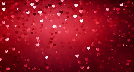 Happy st. Valentines day banner with red abstract illustrated hearts, pink paper hearts flying shining against dark red background with empty space for text, clouds, dreamy, couple love concept banner