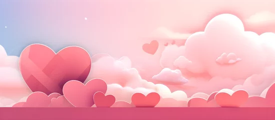 Fotobehang Happy st. Valentines day banner with red abstract illustrated hearts, pink paper hearts flying shining against dark red background with empty space for text, clouds, dreamy, couple love concept banner © Vladislava