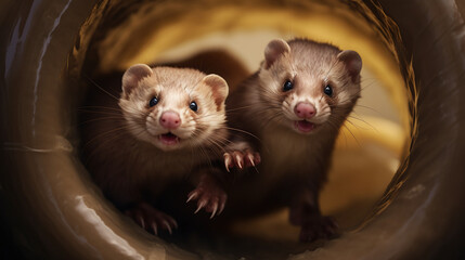 A pair of playful ferrets in an animated playtime - obrazy, fototapety, plakaty