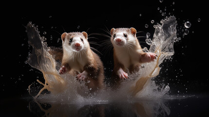 A pair of playful ferrets having a lively interaction - obrazy, fototapety, plakaty