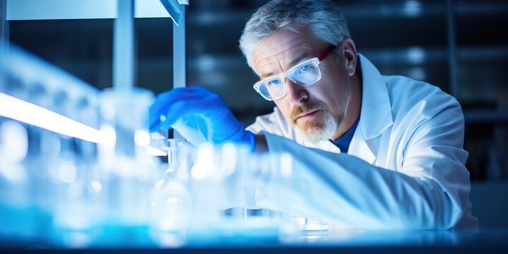 Portrait of mature male scientist carrying out scientific research in a lab