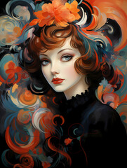 A Woman With Red Hair And Orange Flowers - Vintage Art Deco