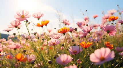 Cosmos flowers blooming in the meadow. Nature background.