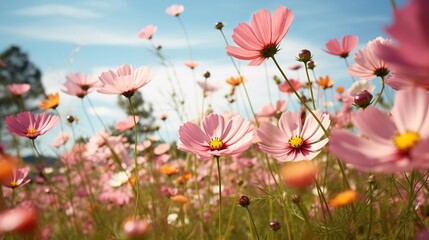 Blossoming Pink Cosmos Under the Blue Sky