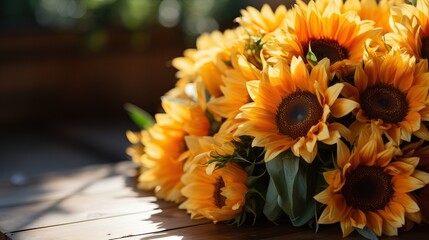 beautiful bouquet of sunflowers on a wooden table.